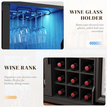 Coffee Bar Cabinet with Fridge, LED Lights & Wine Rack, Black